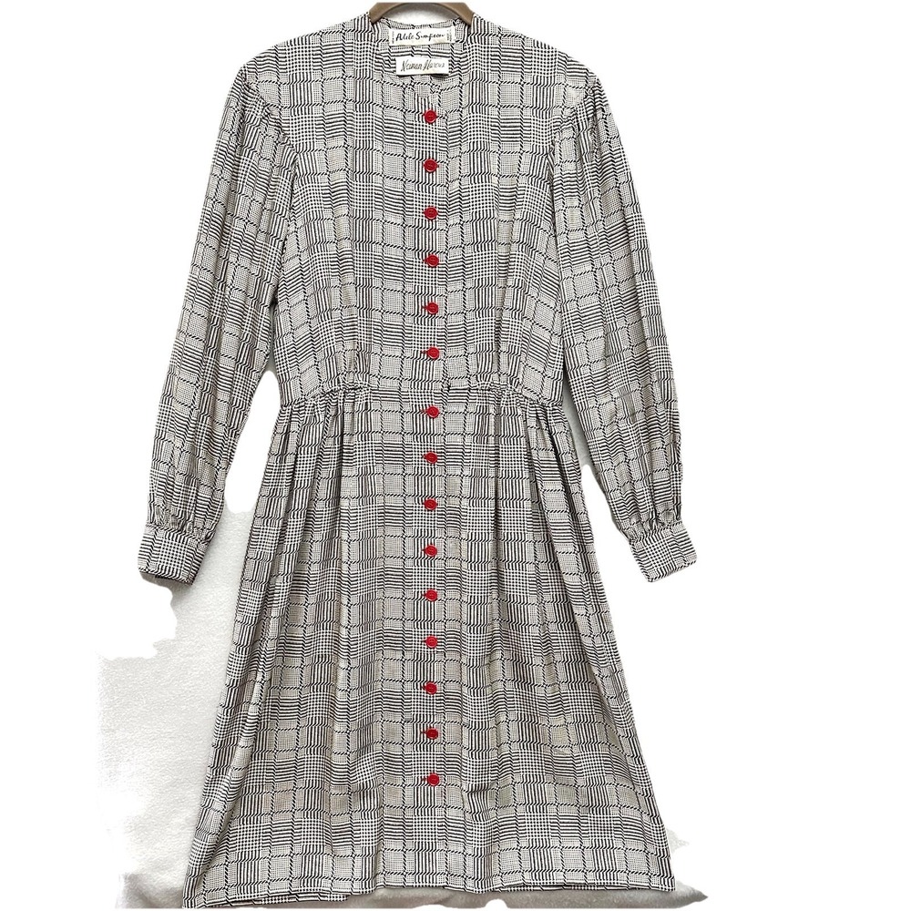 Adele Simpson Neiman Marcus Sz 10 Plaid Houndstooth Dress Red Accents Vintage 80
